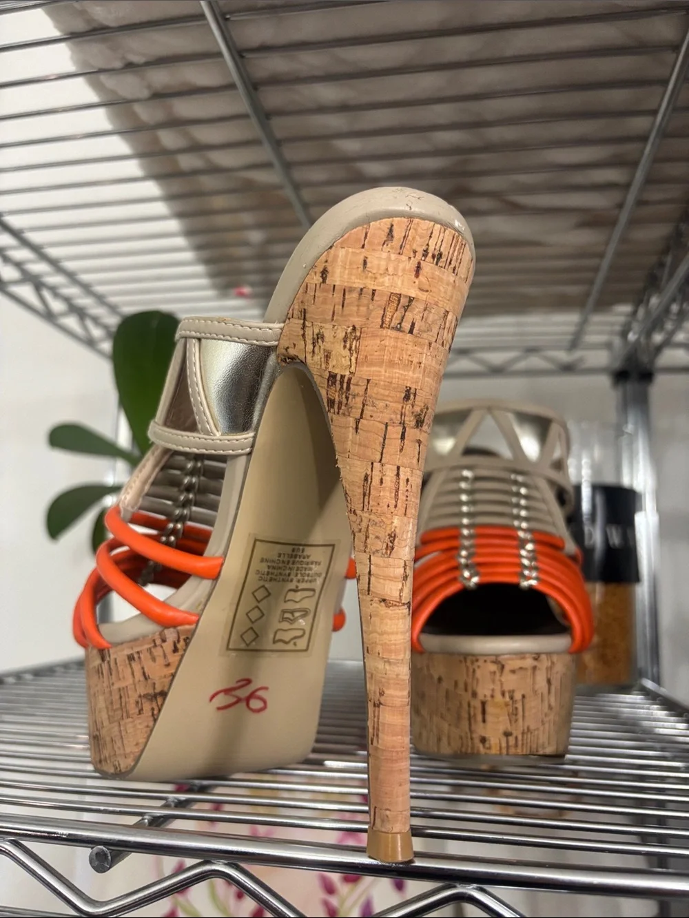 Scene Weaver Beige and Orange Cork Platform Stiletto Sandals